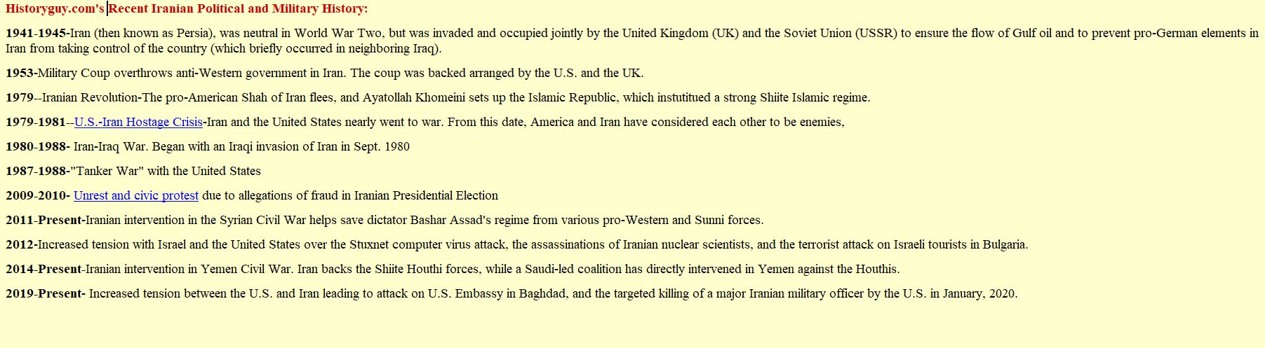 Recent Iranian Political and Miilitary History Timeline